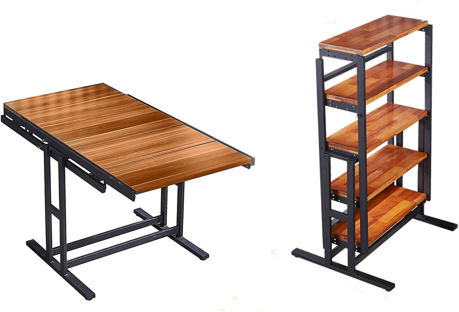 Goujxcy Convertible 2 in 1 Shelf to Table, Convertible Shelf Table, Solid Wood Dining Table＆Metal Display Bookshelf Stand for Small Spaces