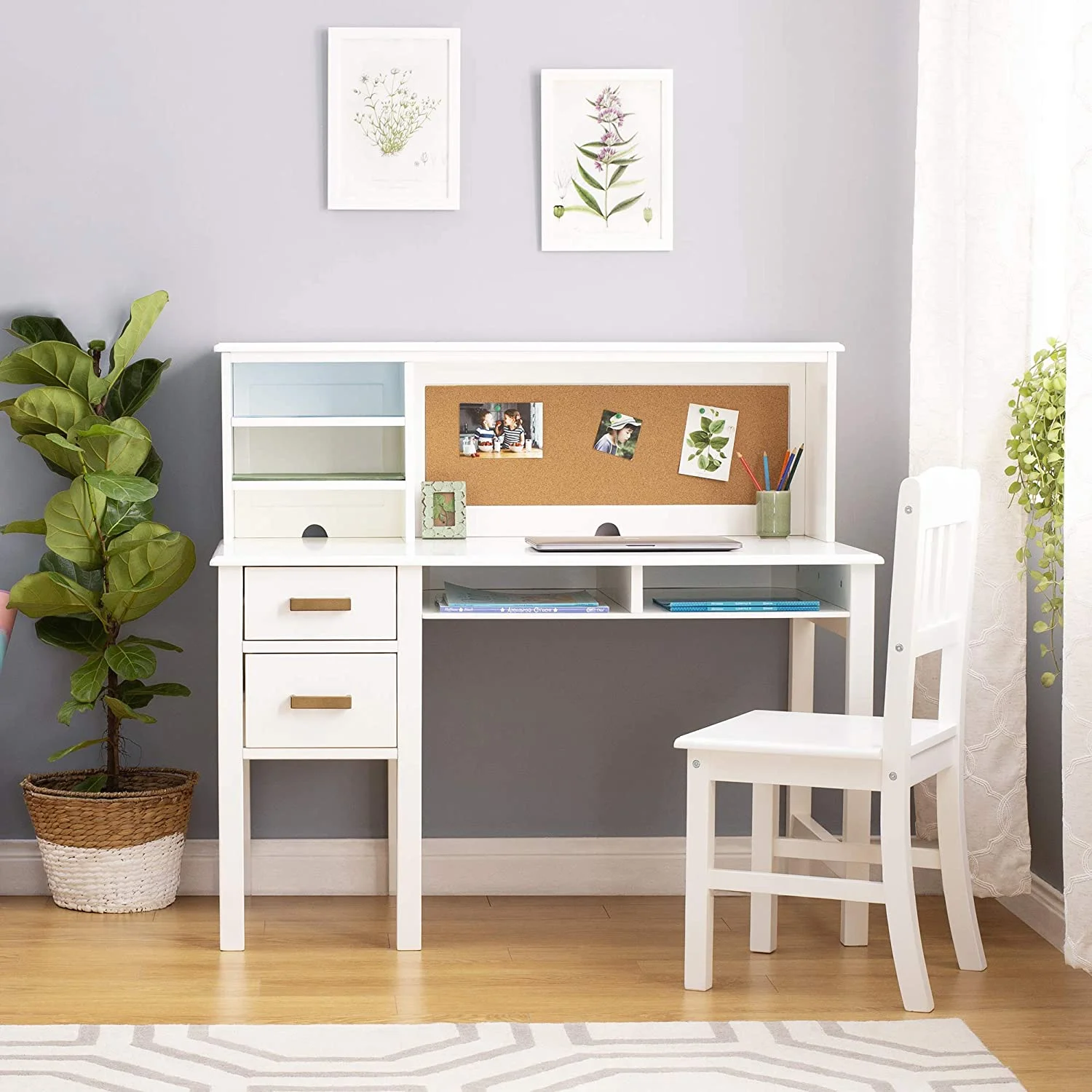 Taiga Desk, Hutch and Chair - White: Student's Study Computer Workstation with Multiple Storage Cubbies & Two Spacious Drawers