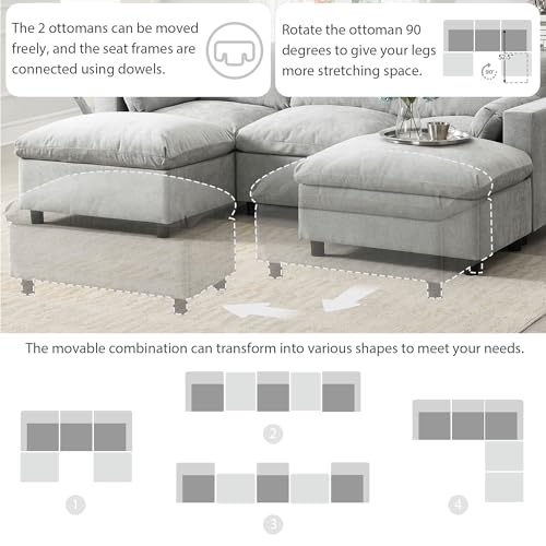 Merax 86.5" Sectional Sofa with Storage Pockets & Removable Ottomans, 5 Seat U Shaped Sleeper Cloud Couch Set