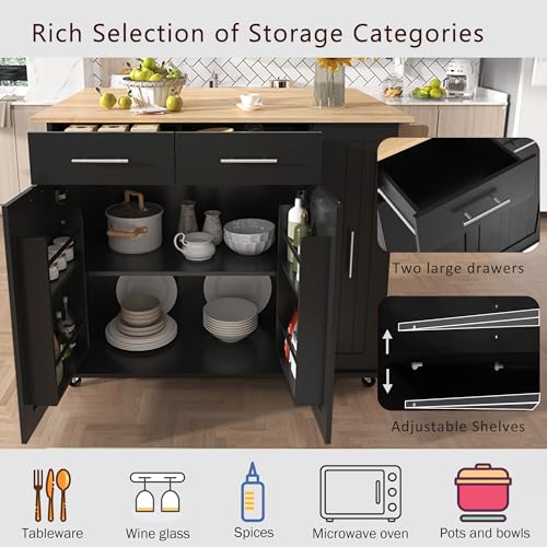 55.7'' Large Kitchen Island with 2 Drop Leaf, Rolling Kitchen Cart on 5 Wheels with Power Outlet