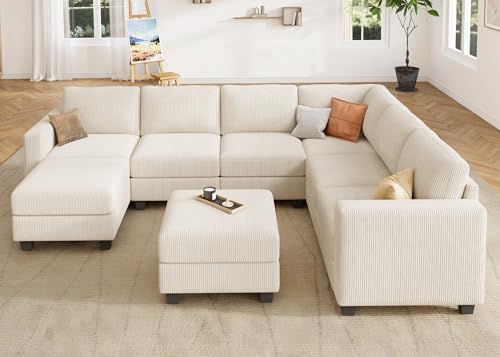 HONBAY Corduroy Modular Sectional Couch with Storage L-Shaped Sectional Couches for Living Room 6 Seater Modular Sofa, Dark Gray