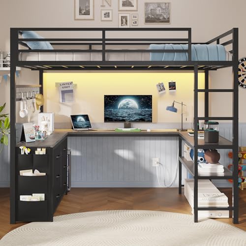 ADORNEVE Loft Bed Full Size with U-Shaped Desk, 6 Storage Drawers, Power Outlet, LED Metal Loft Bed with 2 Storage Shelves