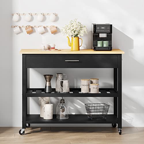 Shintenchi Rolling Kitchen Island Cart with Folding Drop Leaf Breakfast Bar, Portable Trolley Island with Large Storage Cabinet, Shelf and Drawer