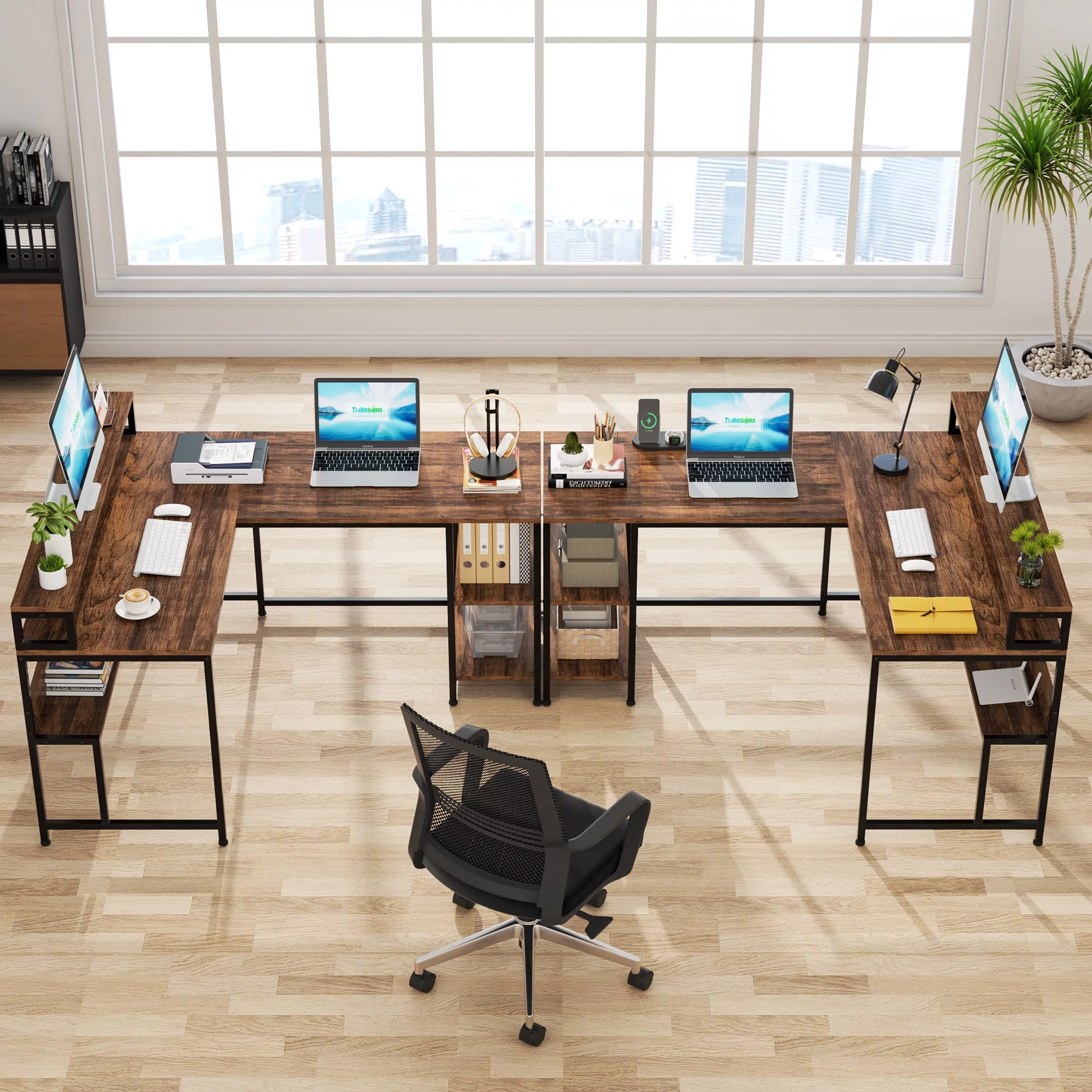 Tribesigns Reversible L Shaped Desk with Monitor Stand, 59 Inch Corner Computer Desk with Storage Shelves