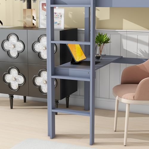 Low Loft Bed Twin Size, Kids Solid Wood Modern Loft Bed Frame with Ladder and Safety Guardrail for Girls Boys, Noise-Free,Non-Toxic Finishes