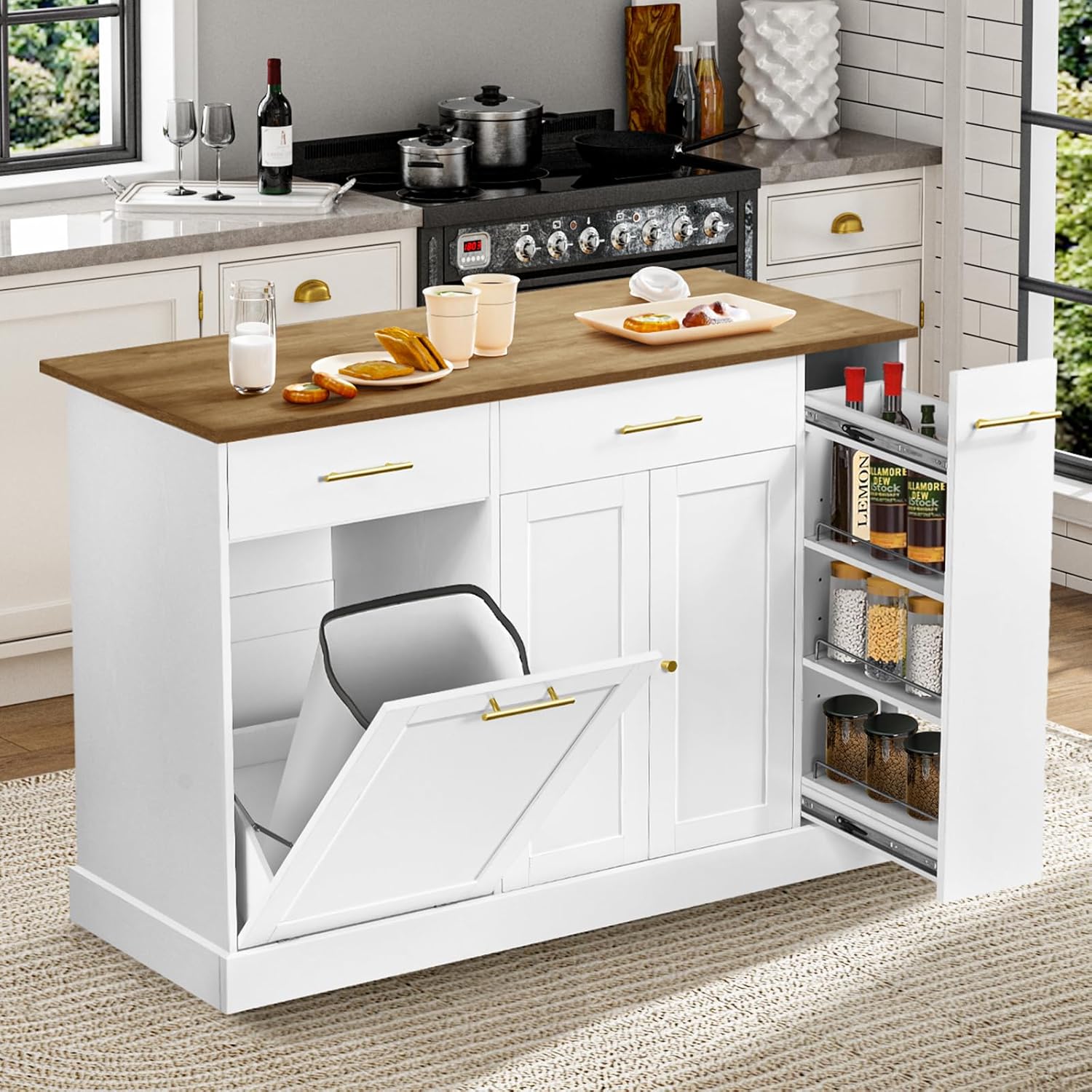4 EVER WINNER Rolling Kitchen Island with Pull Out Spice Rack, Portable Kitchen Island Cart with Tilt Out Trash Can Cabinet, 2 Drawers