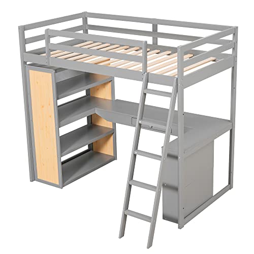 Twin Loft Bed with Staircase, Desk and Wardrobe, Wood Loft Bed with Storage Shelves and Safety Guardrail
