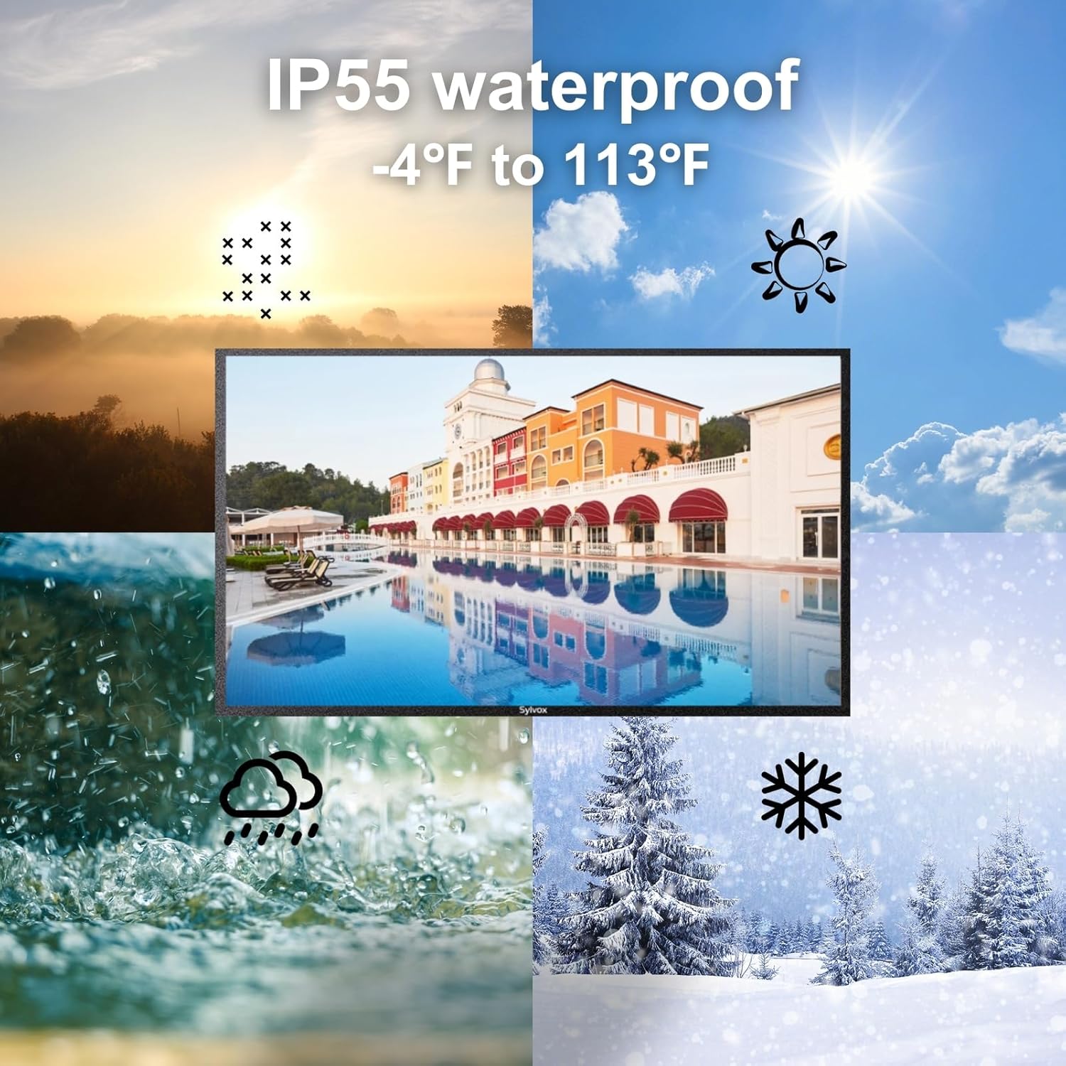 SYLVOX 65 inch Outdoor Signage TV, 2000nits for Partial Sun, IP55 Waterproof Outdoor TV, 4K UHD Commercial TV for Business, ATSC & NTSC Tuner
