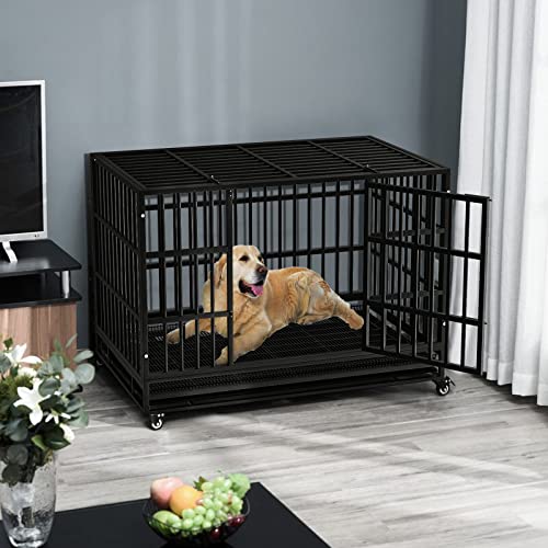 LEMBERI 48/38 inch Heavy Duty Indestructible Dog Crate, Escape Proof Dogs Cage Kennel with Lockable Wheels,High Anxiety Double Door Kennel