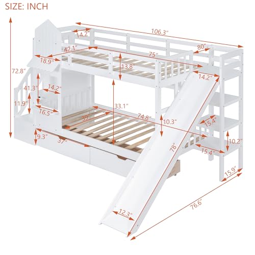 SOFTSEA Twin Over Twin Bunk Bed with Slide and Storage Solid Wood Bunk Bed Frame with Staircase and Drawers, Pink