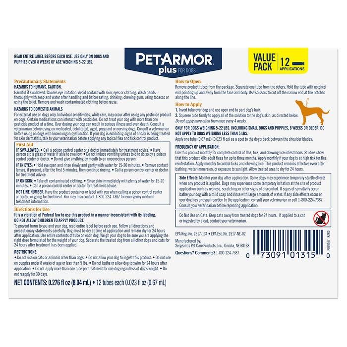 PetArmor Plus for Dogs Flea, Tick u0026 Lice Formula 5-22 lbs, 12 Applications
