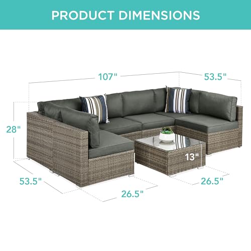 Best Choice Products 7-Piece Modular Outdoor Sectional Wicker Patio Conversation Set w/ 2 Pillows, Coffee Table, Cover Included - Gray/Navy
