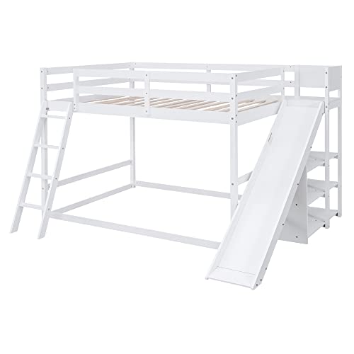 Full-Over-Full Castle Style Bunk Bed with 2 Drawers and 3 Shelves, Wood Bunk Bed Frame with Slide and Storage Staircase for Kids Teens Boys Girls