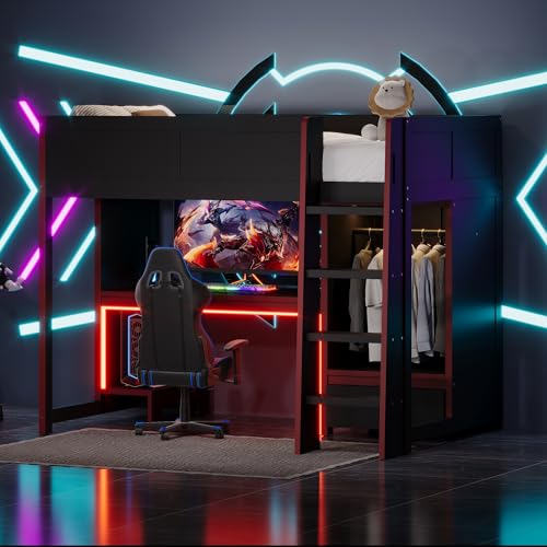 Modern Full Size Gaming Loft Bed with Built-in Desk and Storage Wardrobe, Wood Loft Bed Frame with Light Strip and 2 Drawers