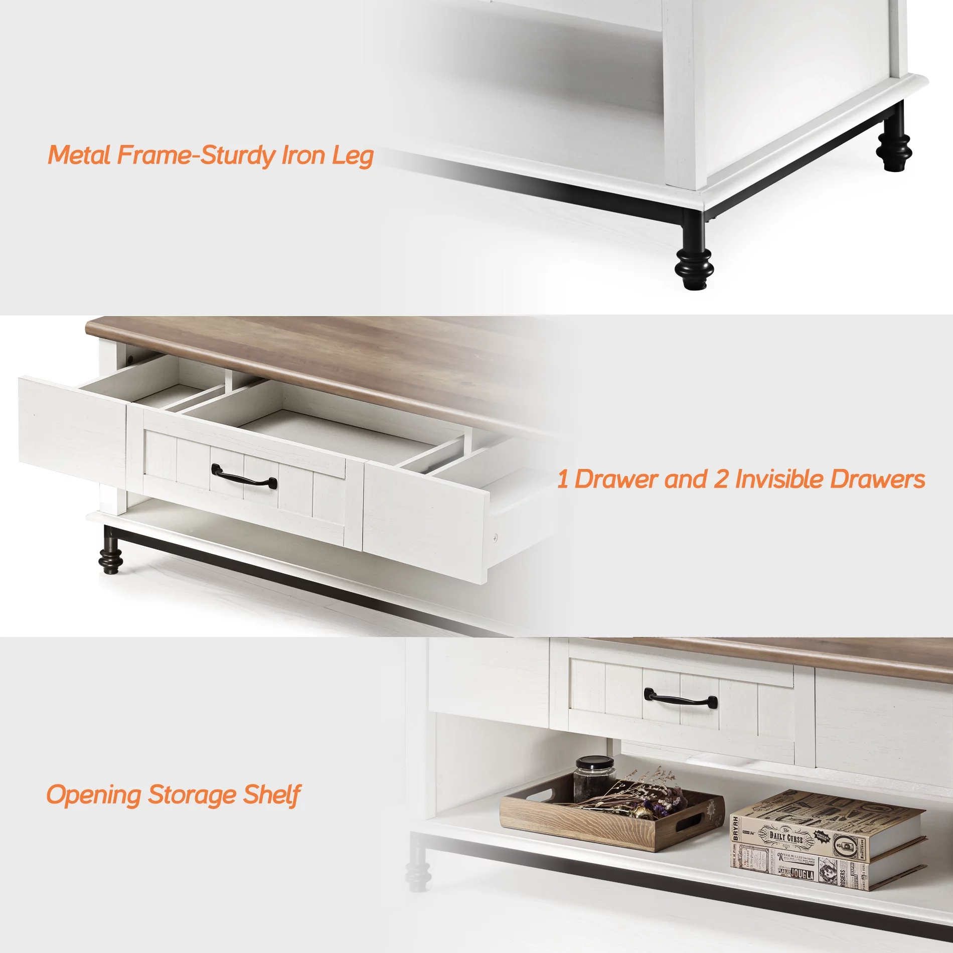 Wampat Farmhouse Coffee Table, Large Rectangle Storage Center with Drawer for Living Room