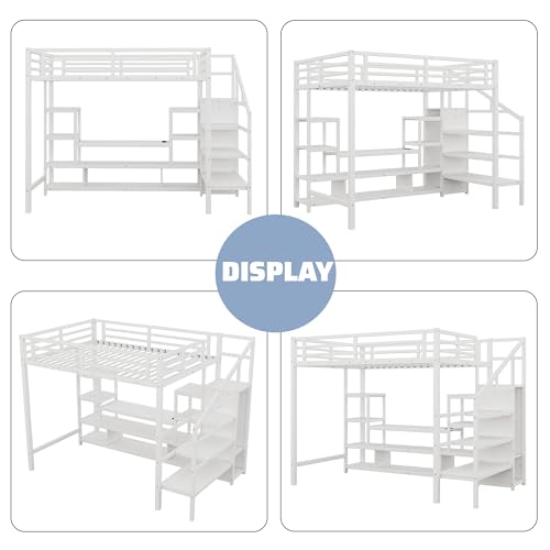 Queen Loft Bed with L-Shaped Desk and Stairs,Metal Queen Size LoftBed with Wardrobe and Adjustable Shelf, Gaming Bed with LED and USB