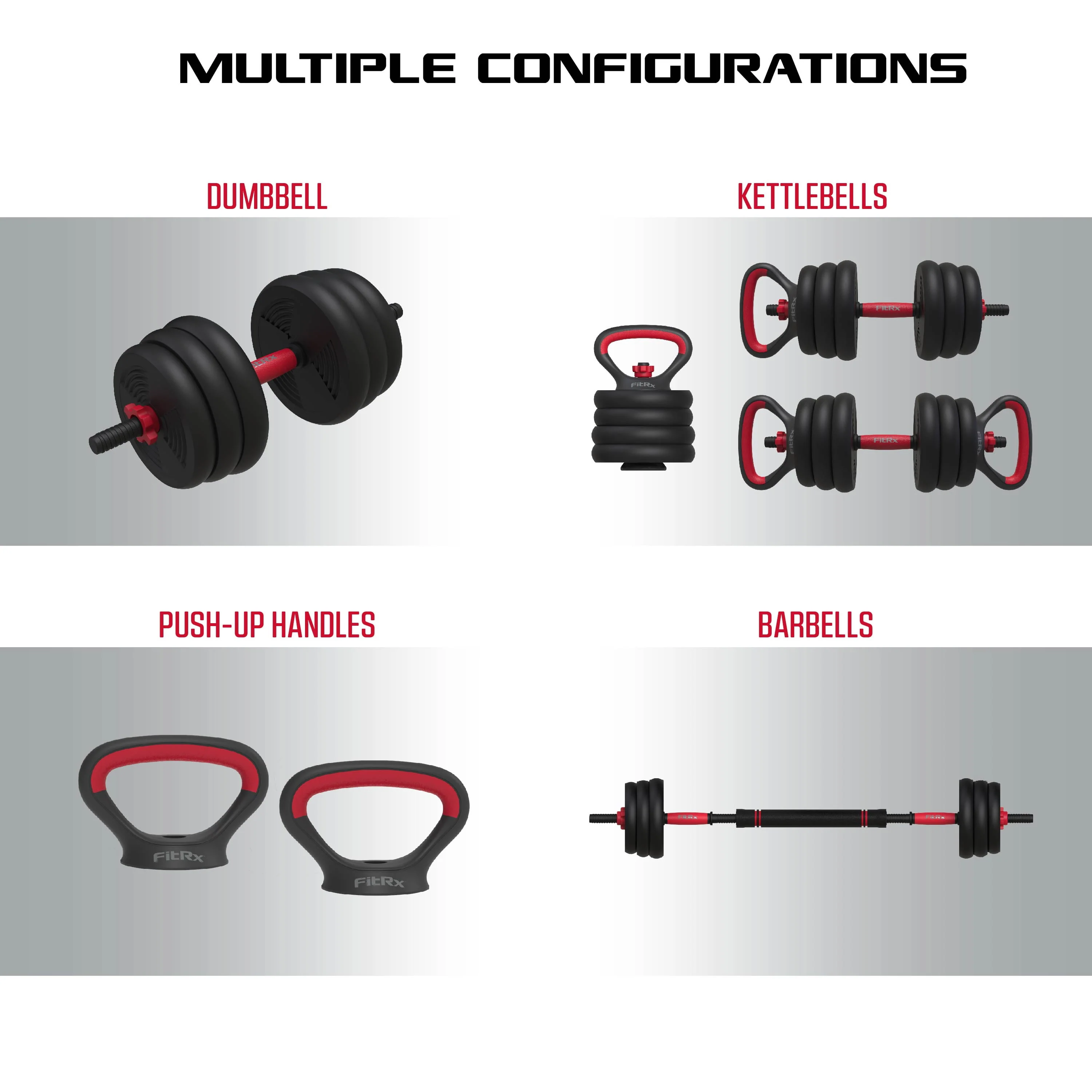 FitRx SmartBell Gym, 60 lbs. 4-in-1 Adjustable Interchangeable Dumbbell, Barbell, and Kettlebell Weight Set, Black