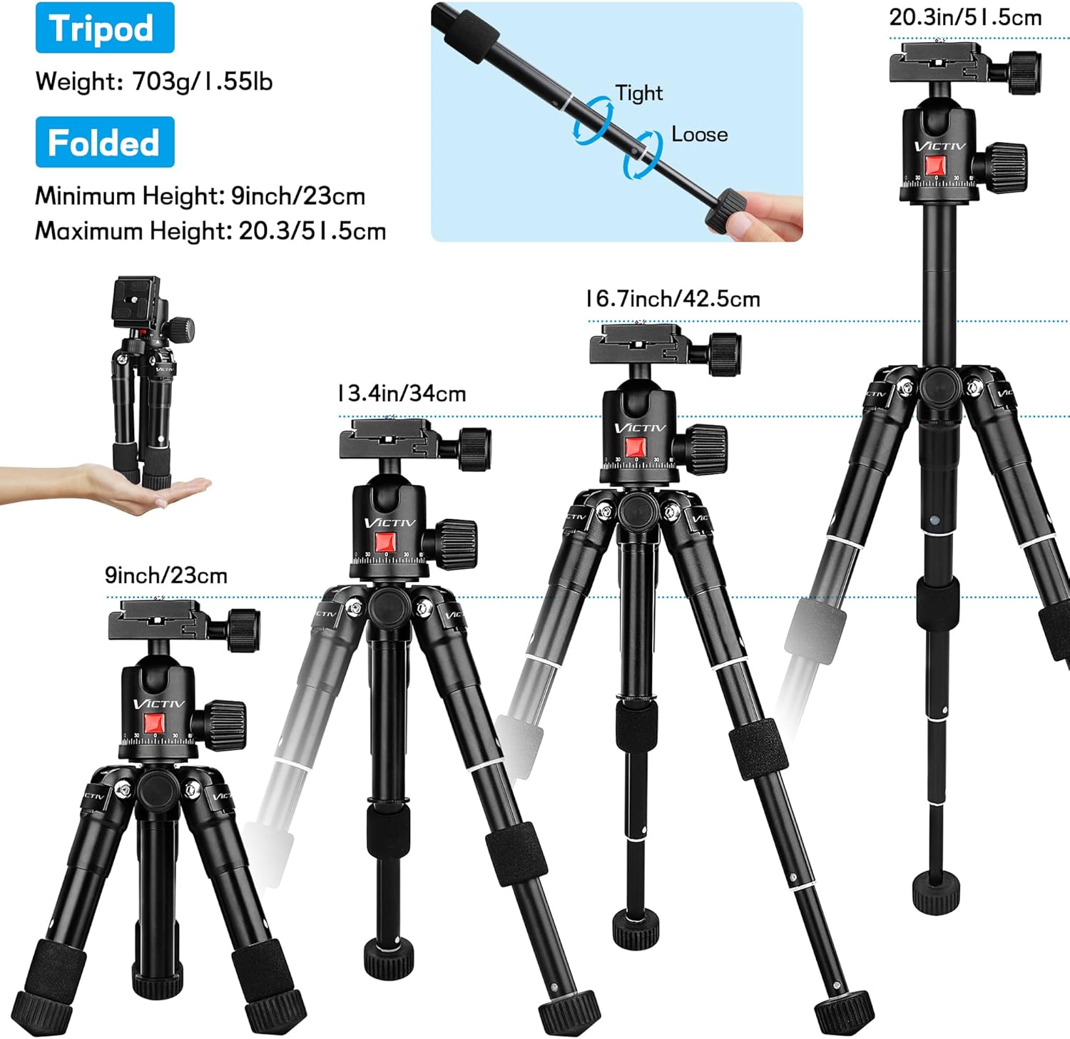 Tabletop Tripod, 20inch Portable Desktop Mini Tripod for Camera with 360 Degree Ball Head, Aluminum Small Travel Tripod