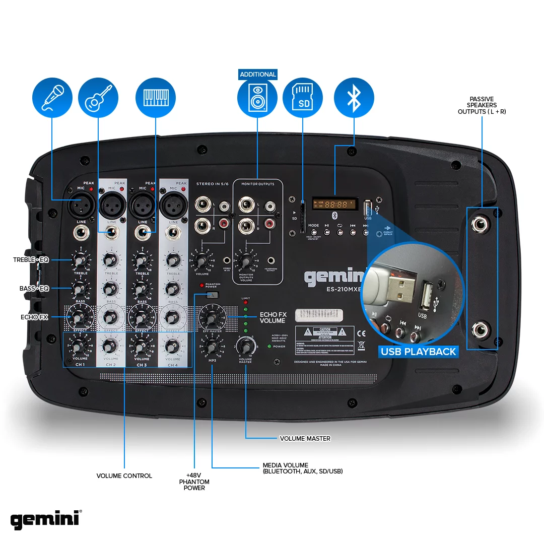 Gemini ES-210MXBLU-ST Bluetooth Portable PA System With Detachable Powered Mixer