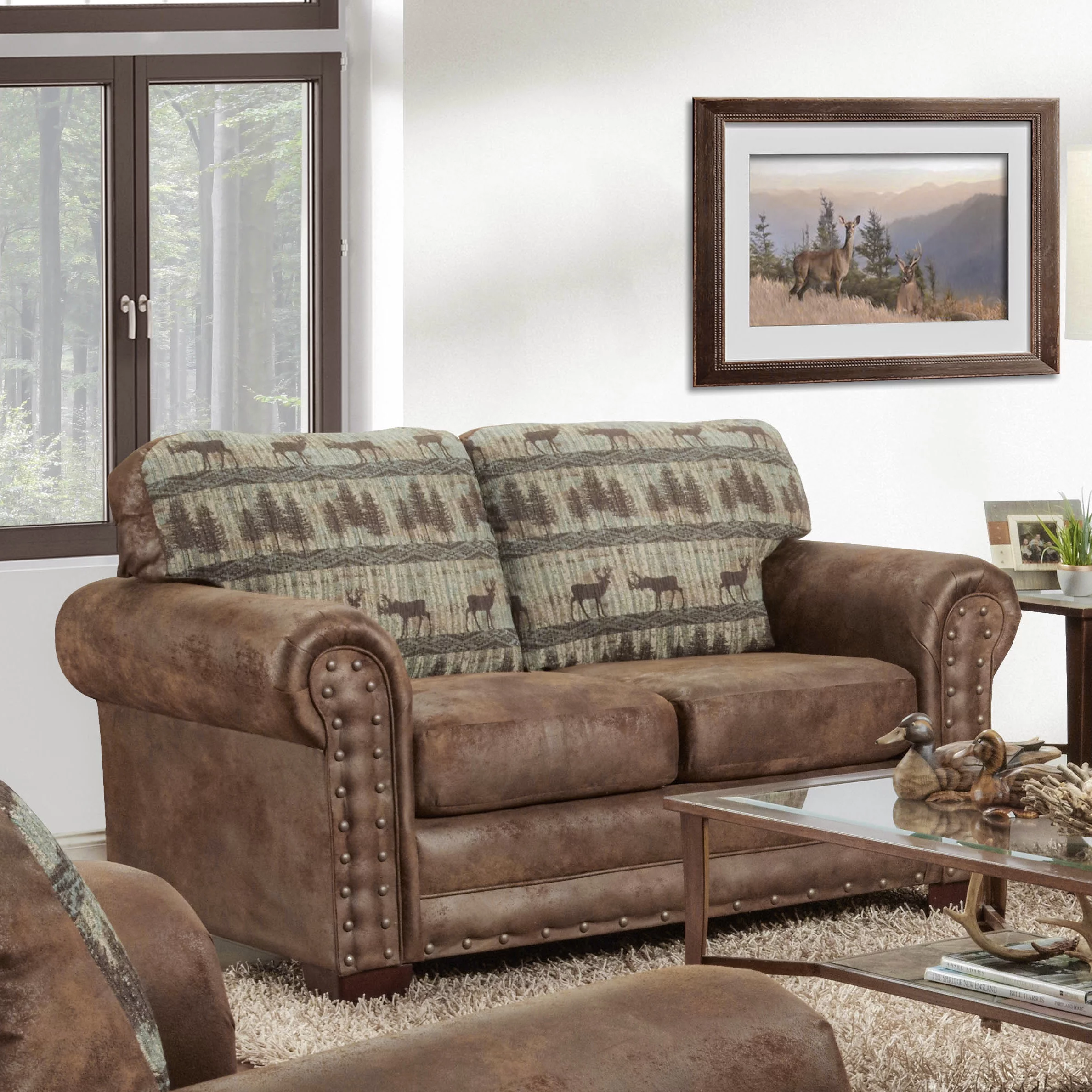 American Furniture Classics Model 8502-90 Deer Teal Lodge Tapestry Loveseat