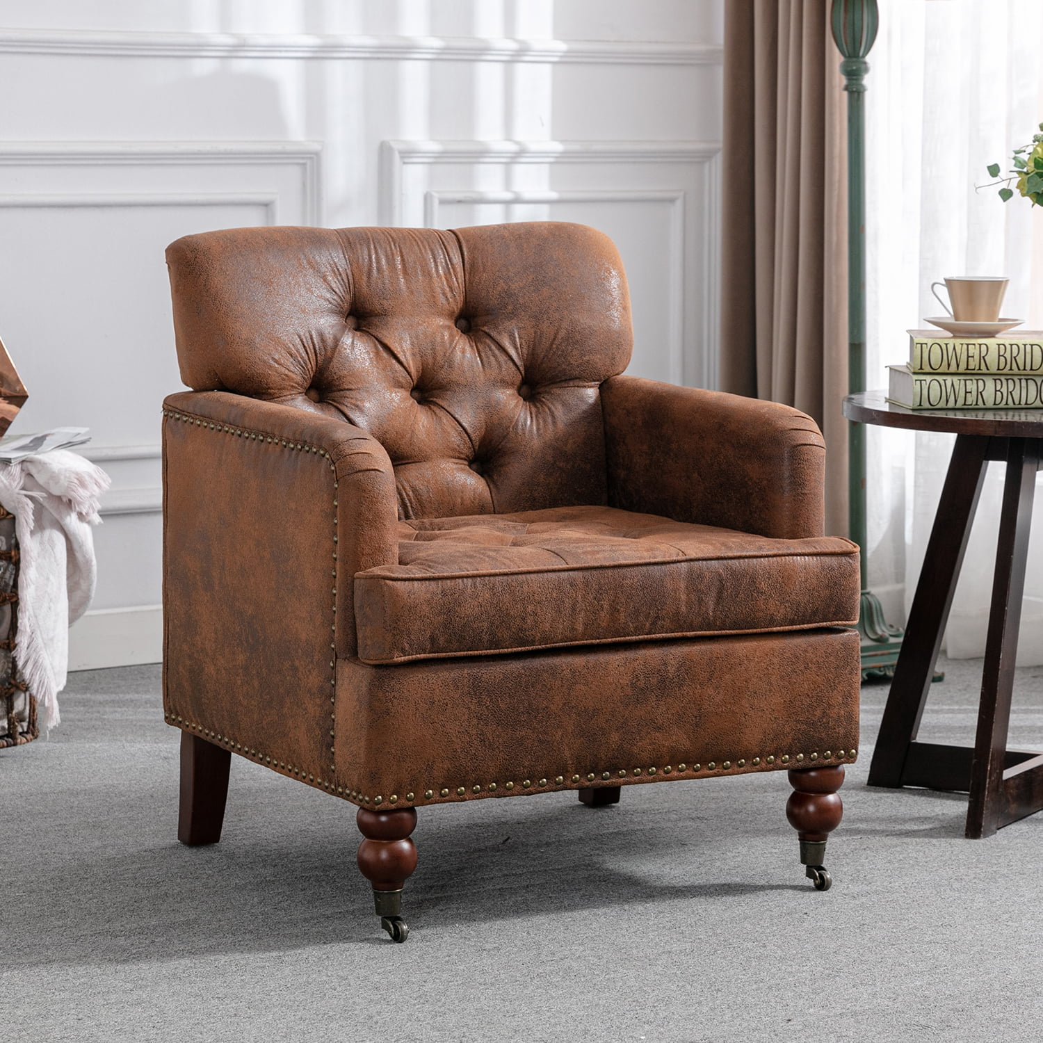Tzicr Brown Modern Accent Chair, Button Tufted Upholstered Reading Chair with solid wood legs, Upholstered Mid Century Modern Arm Chairs for Bedroom