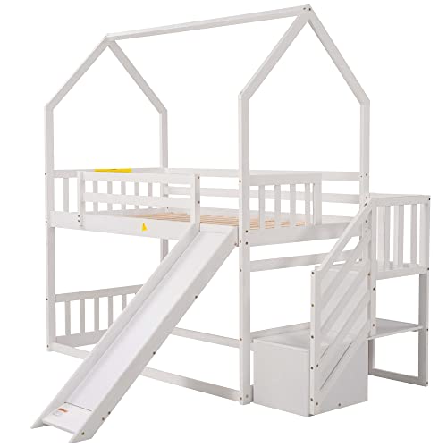 Merax Twin Over Twin House Bunk Bed Frames with Slide and Storage Staircase, No Box Spring Needed, White