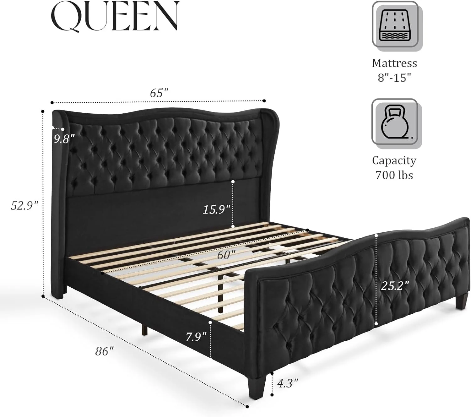 HOWE Queen Size 52.9" Tall Platform Bed Frame