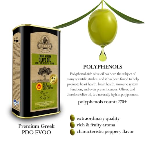 Ellora Farms, Single Estate PDO Greek Extra Virgin Olive Oil, Cold Pressed & Traceable Olive Oil, Kosher, 1 Lt Tin (33.8 oz.), Pack of 4