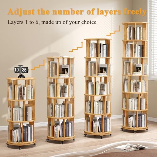 6 Tier Rotating Bookshelf Tower Spinning Bookshelf with Swivel Wheels Book Shelf Rotating Storage Tower for Kids Adult Narrow Walnut Solid Wood