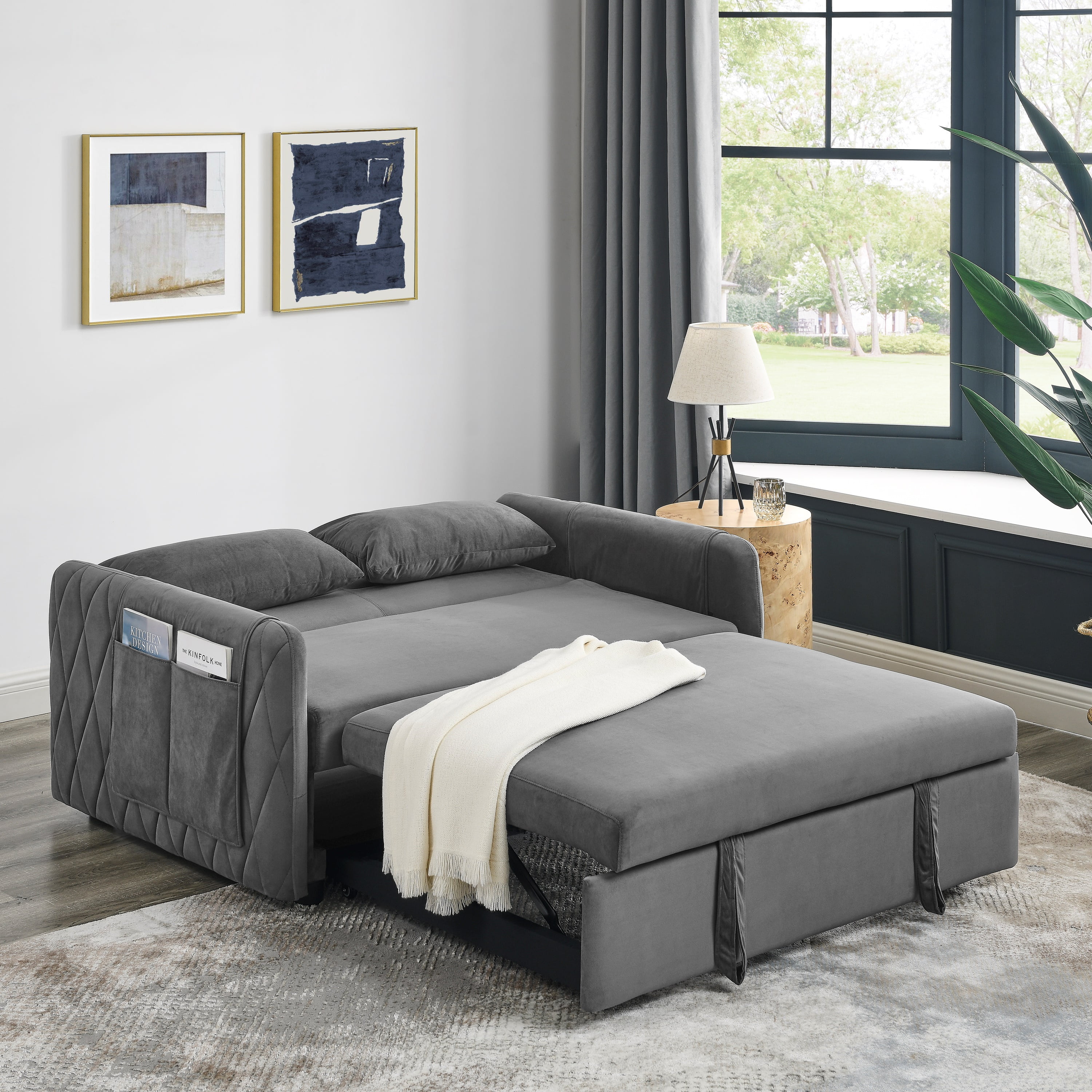 Modern Velvet Convertible Pull Out Sleeper Sofa Bed, Folding Loveseat Couch with Side Storage Pockets Pillows for Living Room Bedroom Apartment
