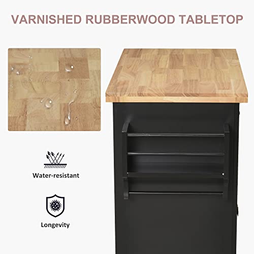 HOMCOM Kitchen Island on Wheels, Rolling Cart with Rubberwood Top, Spice Rack, Towel Rack and Drawers for Dining Room, Navy Blue
