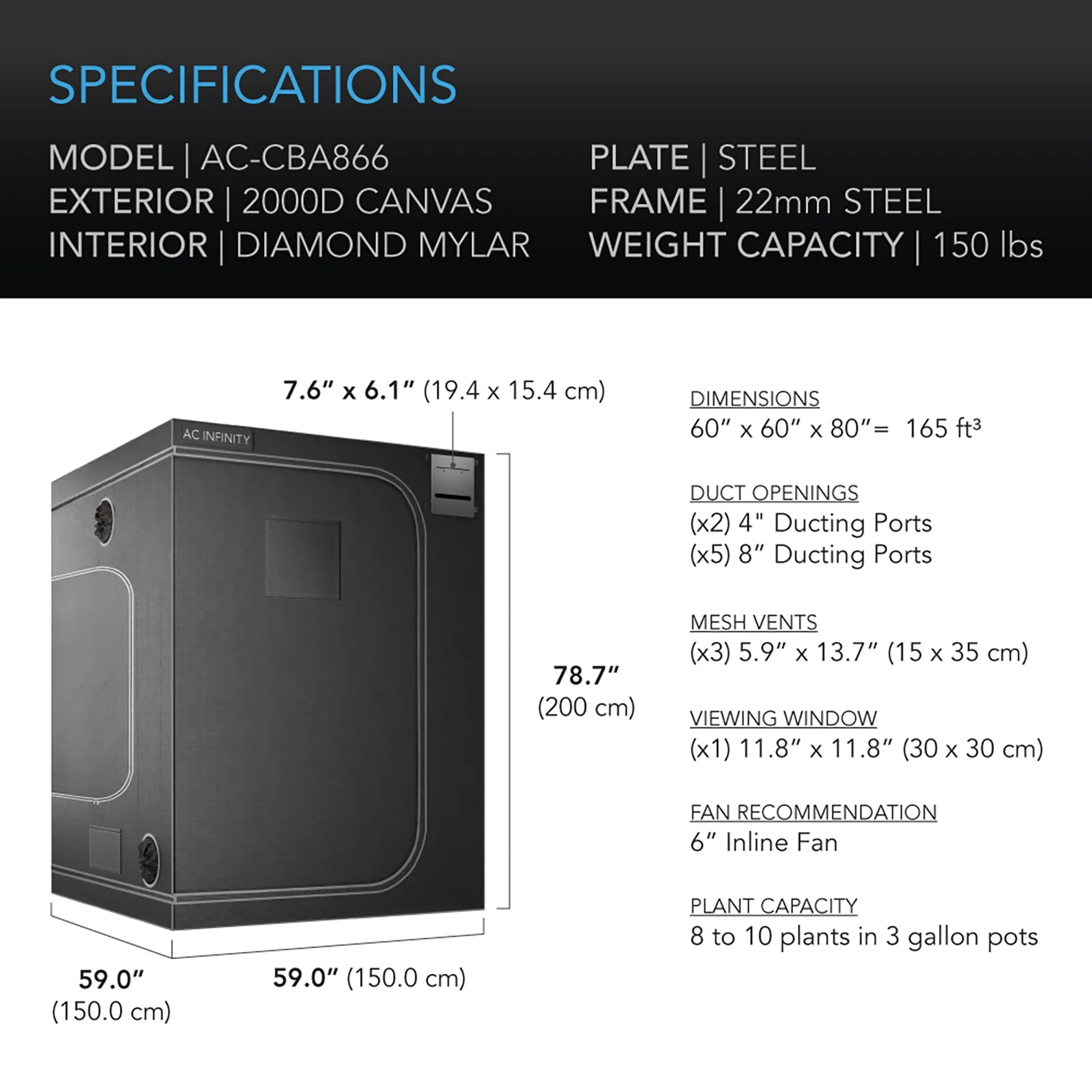 AC Infinity CLOUDLAB 866 Advance Grow Tent, 60”x60”x80” Thickest 1 in. Poles, Highest Density 2000D Diamond Mylar Canvas
