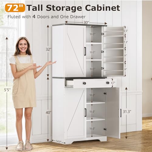 72" Tall Farmhouse Kitchen Pantry Cabinet, Large Storage Cabinet with 6 Adjustable Shelves, 4 Barn Doors & Drawer for Bathroom, Dining Room, Brown