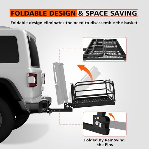 Hitch Mount Cargo Carrier Basket 500 LBS Folding Vehicle Cargo Baskets 60" x 24" x 14" Fits 2" Receiver with 2" Hitch Stabilizer for SUV