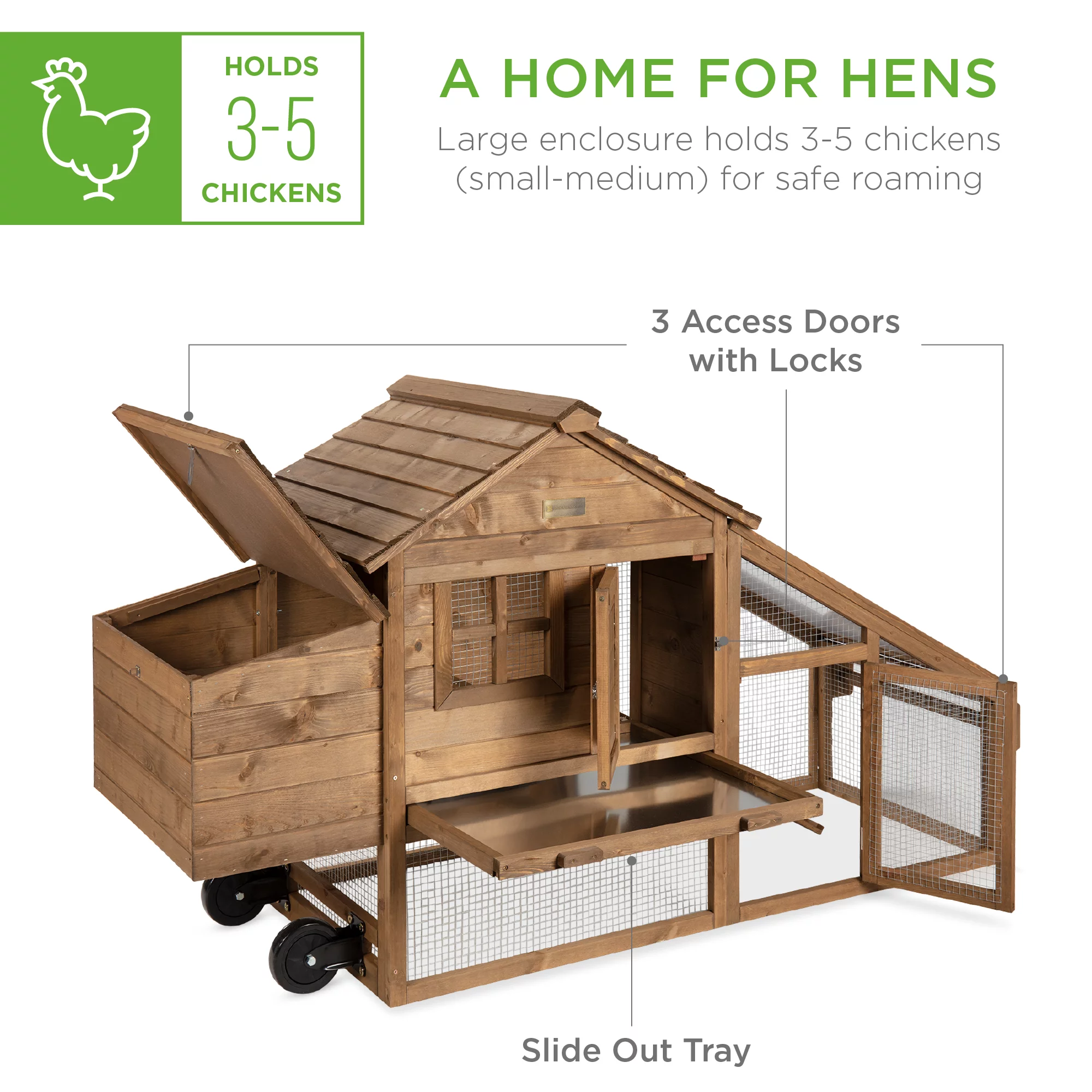 Best Choice Products 70in Mobile Fir Wood Chicken Coop Tractor Hen House w/ Wheels, 2 Doors, Nest Box, Removable Tray - Radiant Selections