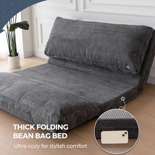 MAXYOYO Bean Bag Bed Folding Sofa Bed Floor Mattress for Adults, Extra Thick and Long Floor Sofa with Corded Washable Cover, Dark Grey, 30x95 Inch