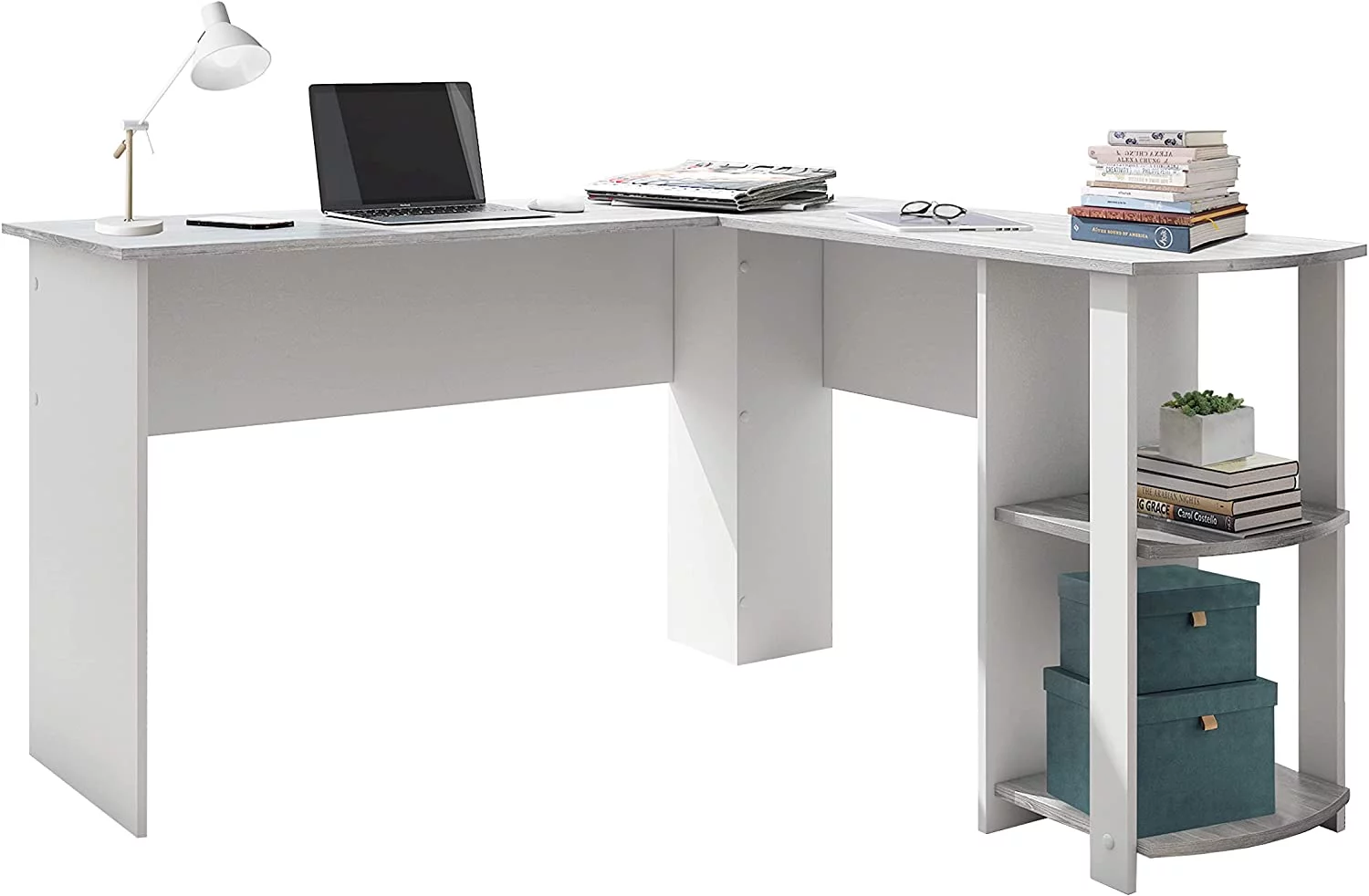 AngLink Shaped Desk - Modern Computer Desk with Corner Bookshelf & Side Storage Shelves for Home Office Accessories - Elegant, Space-Saving