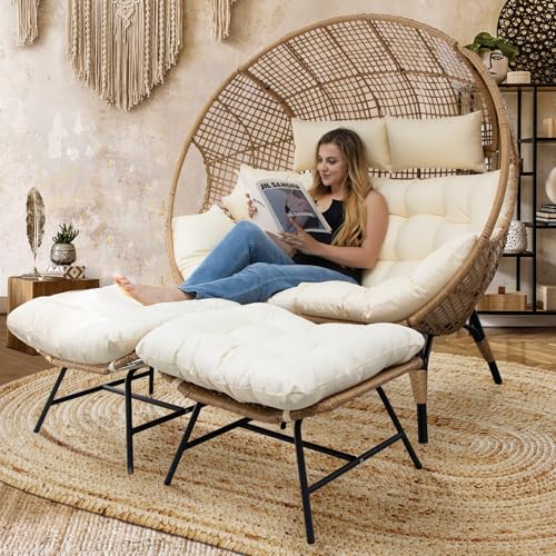NICESOUL® Double Egg Chair Indoor Outdoor Stationary Oversized Thicken Padded Cushions, 2 Person Egg Loveseat Chair