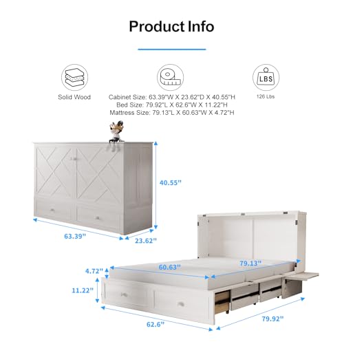 PUREMIND Queen Murphy Bed with Storage Drawers, Camas Con Colchon Incluido, Hideaway Chest Beds with Built-in Charging Station