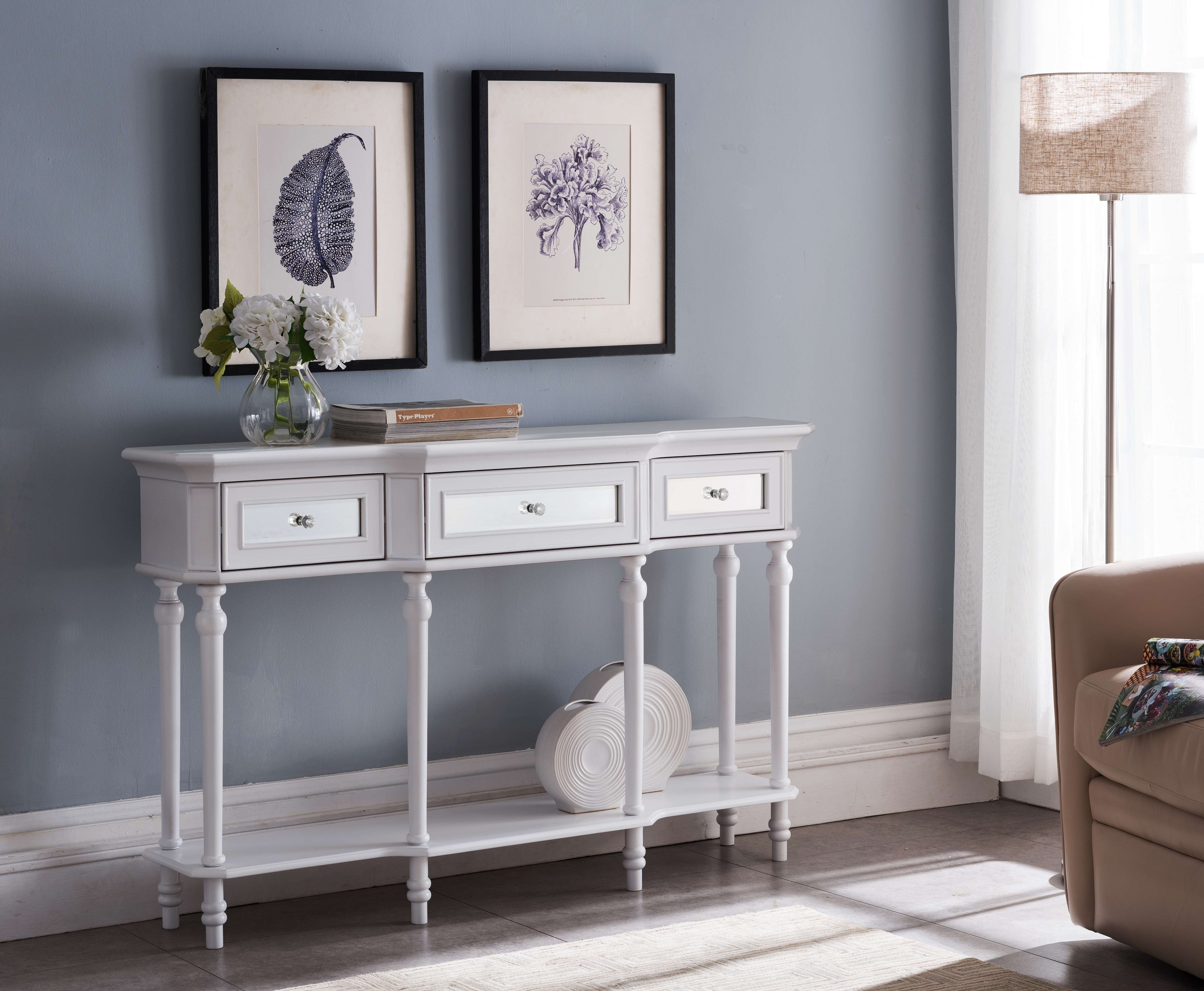 Kings Brand Furniture Modern Console Table with Mirrored Storage Drawers and Lower Shelf, White