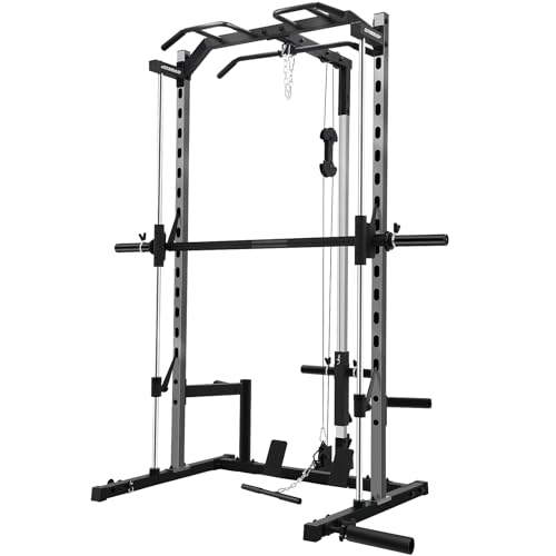OPPSDECOR Power Cage, Multi-Function Power Rack with Adjustable Cable Pulley System, Squat Rack with Pull-up Bar, J-Hooks