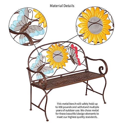 Evergreen Garden Sunflower Garden Bench Outdoors & Indoors | Cast Iron Metal Patio Bench | Outdoor Seating Furniture | Seats for Park, Porch, Deck