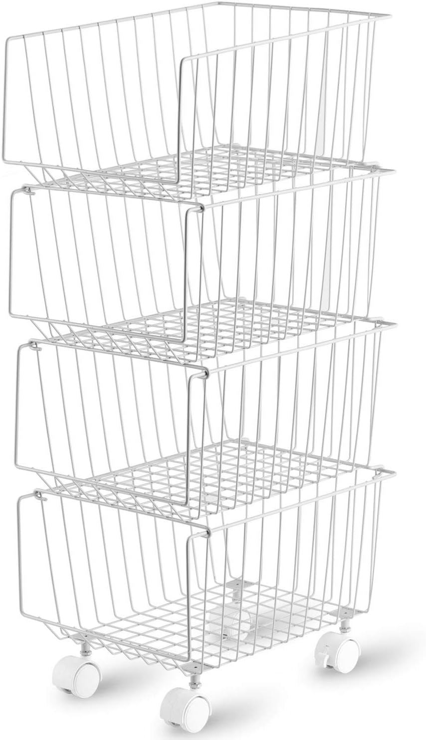 Rolling Stackable Storage Bin, Modern 4 Tiers Basket with Lockable Casters, Utility Storage Organizer for Kitchen, Pantry, Closets, Bedrooms(Gray)