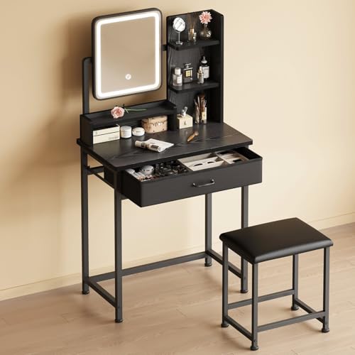 Makeup Vanity Desk with Mirror and Lights, Small Vanity with Fabric Storage Drawer & Chair & Shelves, White Compact Makeup Vanity Set for Bedroom