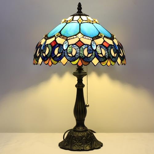 Tiffany Table Lamp Stained Glass Lamp 12X12X19 Inch Antique Reading Light (Sea Blue Pear)