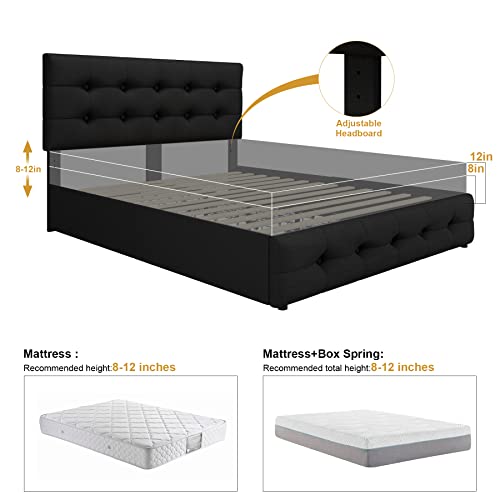 Queen Bed Frame with 4 Storage Drawers and Adjustable Headboard, Upholstered Platform Bed with Button Tufted Design, Strong Wooden Slats Support