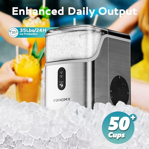 EUHOMY Nugget Ice Makers Countertop, Pebble Ice Maker Machine with 35lbs/24H Soft Ice, Self-Cleaning Sonic Ice Maker with Ice Scoop&Basket