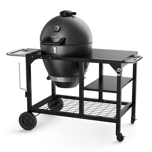 Brand-Man RODEO Steel Kamado Charcoal Grill & Smoker - 22" Cast Iron Grates, Grilling Basket, Large Prep Table Cart, Ideal for Outdoor Cooking