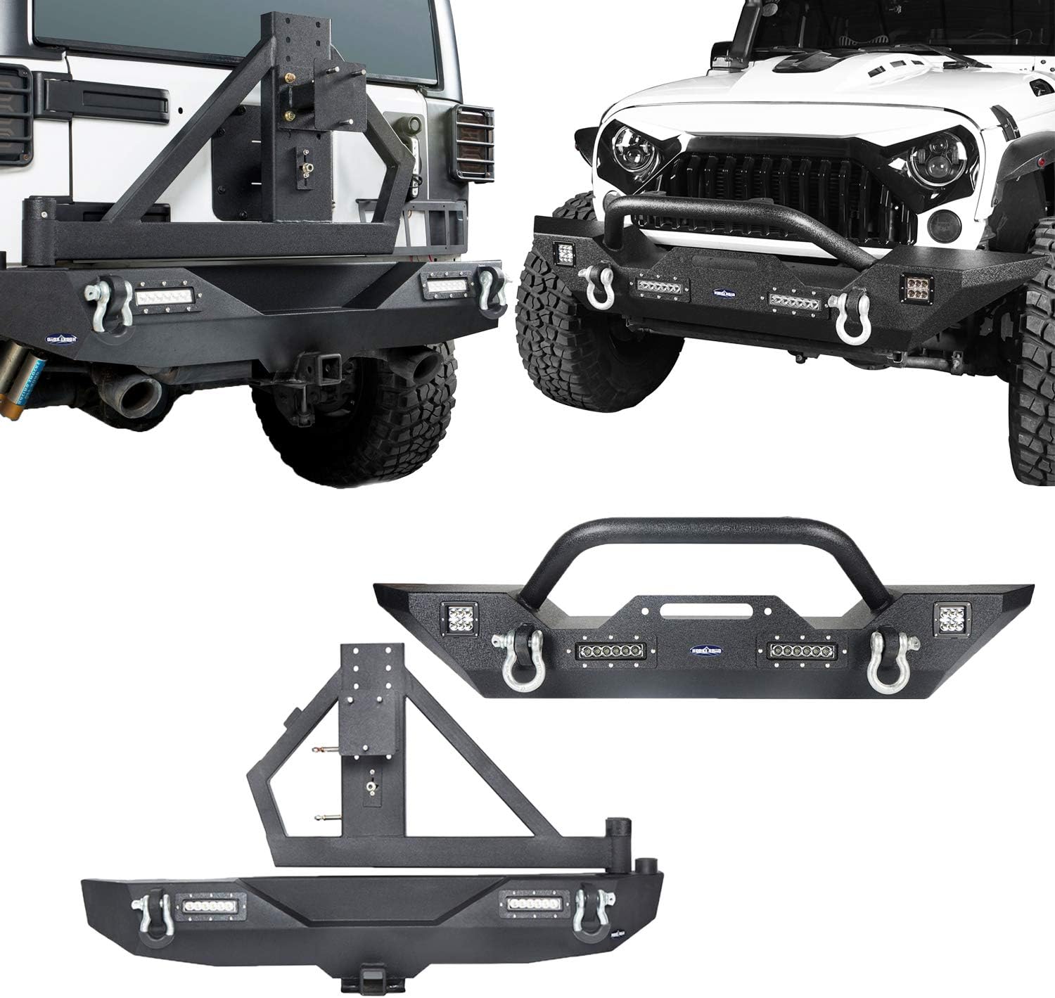 V8 GOD JK Front Bumper + Wrangler Rear Bumper w/Spare Tire Carrier Kit Compatible with Jeep Wrangler JK & Unlimited 2007-2018 - Textured Steel