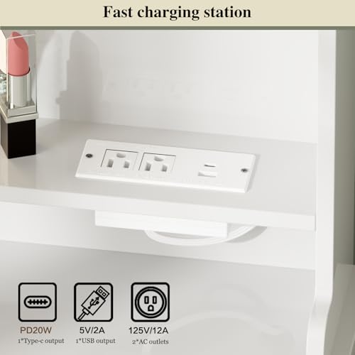 Large Makeup Vanity Desk with Mirror and Lights, Vanity Desk with 8 Drawers & Storage Shelves, Vanity Table with Power Outlet